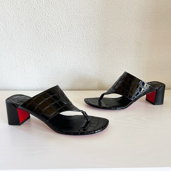 Christian Louboutin Shoes - Christian Louboutin Tongamule Black Croc Embossed CL Logo Block Heels Size EU 39